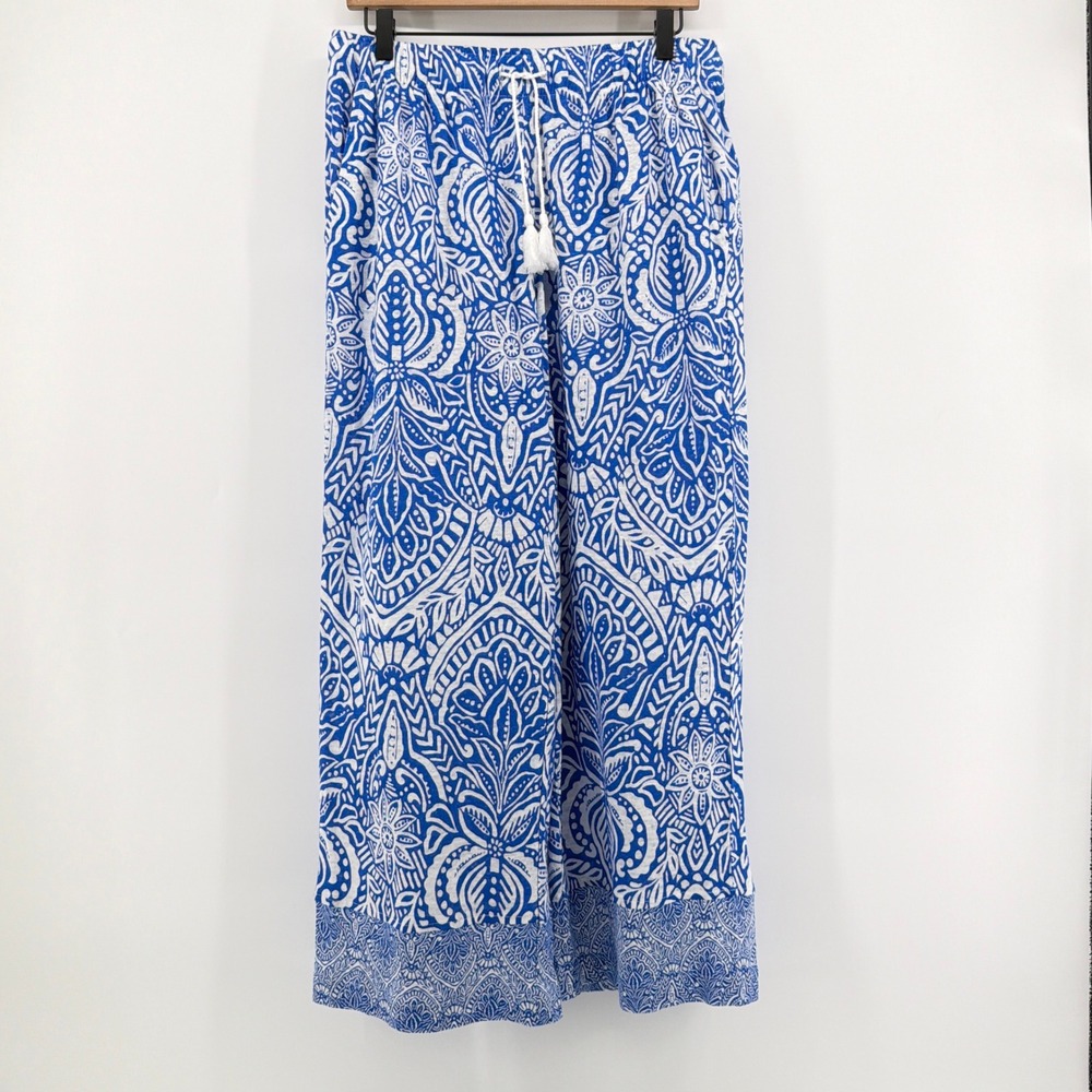 Rachel Zoe 100% Linen Wide Leg Pants Large Blue White Paisley Tassel Resort Knit